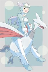 1girl absurdres bird blue_suit blue_unitard breasts closed_eyes colored_sclera colored_skin creatures_(company) eco_(rzgs7543) formal_clothes game_freak gen_2_pokemon gloves goggles grey_skin helmet highres horns long_hair long_sleeves metal_skin nintendo open_mouth pilot_helmet pokemon pokemon_(creature) pokemon_oras ponytail purple_hair red_wings riding riding_pokemon sharp_teeth single_horn skarmory suit talons teeth two_side_up white_gloves wings winona_(pokemon) yellow_sclera