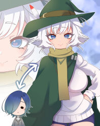 2girls absurdres arrow_(symbol) bike_shorts blue_eyes blue_hair borrowed_clothes breasts cape chibi commentary english_commentary erigo green_cape green_hat hair_over_one_eye hand_on_own_hip hat hat_feather heart heart-shaped_pupils highres kimi_no_koto_ga_dai_dai_dai_dai_daisuki_na_100-nin_no_kanojo large_breasts long_sleeves looking_at_viewer multiple_girls nakaji_uto nekonari_tama scarf smile solid_circle_eyes symbol-shaped_pupils white_hair yellow_scarf zoom_layer