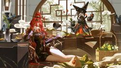 1girl absurdres bamboo bamboo_forest bamboo_steamer bare_legs basket black_bodysuit bodysuit bowl breasts chinese_commentary commentary cooking covered_navel cup earrings elbow_gloves eyeliner flower_hairpin food forest gloves hair_between_eyes hair_intakes high_ponytail highres holding holding_cup indoors jewelry kitchen ladle looking_at_viewer lying makeup mole mole_under_each_eye mole_under_eye mooncake multiple_moles nature on_side plate pointy_ears ponytail pouring puppet red_eyeliner red_eyes red_hair round_window scroll single_earring sleeveless sleeveless_bodysuit spiked_chain steam table tacet_mark_(wuthering_waves) tassel tokkuri underboob window wire wuthering_waves yi_ke_da_cui_tao_tao yinlin_(wuthering_waves) zapstring_(wuthering_waves) zongzi
