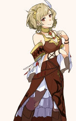 Rule 34 | 1girl, bare shoulders, blonde hair, breasts, brown dress, citrinne (fire emblem), cleavage, dress, earrings, fire emblem, fire emblem engage, gold choker, gold trim, hair ornament, highres, hoop earrings, jewelry, leather wrist straps, looking at viewer, meba., medium breasts, mismatched earrings, nintendo, red eyes, smile, solo, wing hair ornament