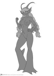 1girl absurdres alanscampos blaziken blonde_hair braided_pigtails breasts creatures_(company) furry furry_female game_freak gen_3_pokemon green_eyes greyscale highres horns long_hair monochrome nintendo nipples pokemon pokemon_(creature) pussy solo