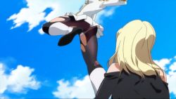 10s animated animated_gif ass ass_cutout blonde_hair clothing_cutout fighting glasses green_eyes hasumi_rain kaneko_hiraku lady_j leotard motor_vehicle motorcycle panties pantyhose shigure_kasumi shikishima_mirei short_hair skirt thighhighs thong thong_leotard tokonome_mamori torn_clothes underwear upskirt valkyrie_drive valkyrie_drive_-mermaid-