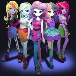 5girls :d ankle_boots ankle_socks antenna_hair aqua_bow aqua_socks arm_at_side arms_behind_back arrow_print asymmetrical_eyes asymmetrical_legwear bare_arms bare_shoulders belt black_belt black_hair black_pantyhose black_shirt blonde_hair blue_background blue_eyes blue_eyeshadow blue_overskirt blue_pantyhose blue_shoes blue_skirt bonbon_(equestria_girls) bonbon_(my_little_pony) boots bow breasts buttons cheerilee cheerilee_(equestria_girls) closed_mouth collarbone collared_shirt colored_skin commentary curly_hair derpy_hooves derpy_hooves_(equestria_girls) diamond_(shape) diamond_hair_ornament dress elbow_gloves english_commentary eyebrows_hidden_by_hair eyeshadow flat_chest flower footwear_bow frilled_skirt frills full_body gloves green_eyes green_flower green_hair green_rose green_skin green_skirt green_socks grey_skin grin hair_flower hair_ornament hair_over_shoulder hairband hand_in_own_hair hand_on_own_arm hand_on_own_hip high_heels highres kneehighs knees_apart_feet_together knees_together_feet_apart light_frown long_hair looking_at_viewer lyra_heartstrings lyra_heartstrings_(equestria_girls) makeup mary_janes medium_skirt mismatched_legwear multicolored_hair multiple_girls musical_note musical_note_print my_little_pony my_little_pony:_equestria_girls my_little_pony:_friendship_is_magic official_alternate_costume official_alternate_hair_color official_alternate_hairstyle open_mouth orange_skirt pantyhose parted_bangs pencil_skirt pink_belt pink_dress pink_gloves pink_hair pink_pantyhose pink_skin platform_shoes purple_dress purple_hair purple_shoes purple_skirt purple_socks quizia rarity_(equestria_girls) rarity_(my_little_pony) red_boots red_hair red_hairband rose shadow shirt shirt_bow shoes short_dress short_sleeves simple_background skirt sleeveless sleeveless_dress sleeveless_shirt small_breasts smile socks split-color_hair standing standing_on_one_leg straight_hair streaked_hair striped_clothes striped_pantyhose swept_bangs twintails two-tone_hair two-tone_pantyhose upturned_eyes v-neck vertical-striped_clothes vertical-striped_pantyhose very_long_hair white_bow white_hair white_pantyhose white_shirt white_shoes white_skin yellow_eyes yellow_skin zipper_skirt
