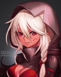 1girl artist_request assassin blood blood_on_face bodysuit braid breasts cleavage cloak dungeon_and_fighter hood hooded_cloak leather medium_breasts pointy_ears red_eyes shadow_dancer_(dungeon_and_fighter) shiny_clothes smile thief_(dungeon_and_fighter) twin_braids white_hair