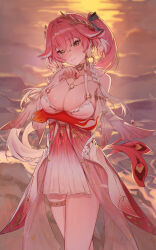 Rule 34 | 1girl, absurdres, arm under breasts, bare shoulders, black bow, blurry, blurry background, blush, bow, braid, breasts, changli (laurel nymph) (wuthering waves), changli (wuthering waves), cleavage, closed mouth, collarbone, colored extremities, commentary, cowboy shot, dress, feather hair, gradient clothes, gradient dress, hair between eyes, hair bow, hair extensions, head wreath, highres, jewelry, large breasts, long hair, looking at viewer, multicolored hair, official alternate costume, official alternate hairstyle, orange eyes, outdoors, pink hair, ponytail, red dress, red hands, ring hair extensions, shengwr, smile, solo, thighlet, two-tone hair, very long hair, wet, white hair, wuthering waves