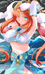 1girl ;) absurdres alternate_breast_size arms_behind_head black_horns blue_brooch blue_skirt breasts brooch closed_mouth commentary_request cowboy_shot detached_sleeves fake_horns genshin_impact green_eyes harem_outfit highres horns jam_(jamjam777) jewelry large_breasts long_hair looking_at_viewer low_twintails midriff navel nilou_(genshin_impact) one_eye_closed partial_commentary red_hair signature skirt smile solo twintails veil very_long_hair white_sleeves white_veil