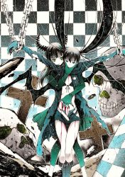 10s bikini black_hair black_rock_shooter black_rock_shooter_(character) blood blue_eyes chain coat cross dead_master gloves green_eyes injury leggings long_hair midriff moonsorrow navel shorts skull swimsuit torn_clothes twintails wings