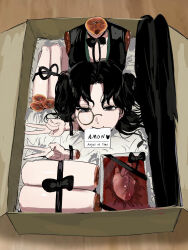 1girl absurdres amon_(lord_of_the_mysteries) amputee black_eyes black_hair bow bowtie box breasts closed_mouth dismemberment double_v english_text ero_guro genderswap genderswap_(mtf) guro heart heart_(organ) highres in_box in_container kikinotamai long_hair looking_at_viewer lord_of_the_mysteries medium_breasts monochrome mutilation organs quadruple_amputee ribbon severed_arm severed_head severed_leg severed_limb smile solo twintails v