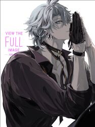 1boy antenna_hair black_choker black_gloves black_shirt blue_eyes choker collared_shirt earclip from_side gloves half_gloves hashtag-only_commentary highres honkai:_star_rail honkai_(series) looking_at_viewer male_focus mori_morii official_alternate_costume own_hands_together parted_bangs pectoral_cleavage pectorals phainon_(fashion)_(honkai:_star_rail) phainon_(honkai:_star_rail) ponytail shirt short_hair simple_background solo upper_body white_background white_hair