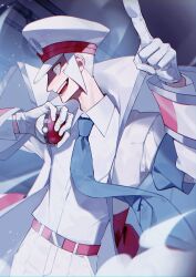 1boy absurdres belt belt_buckle blue_necktie buckle ccf2q coat collared_coat collared_shirt cowboy_shot emmet_(pokemon) floating_clothes gloves grey_hair highres holding holding_poke_ball layered_sleeves long_sleeves looking_ahead male_focus necktie nintendo open_clothes open_coat open_mouth pants partially_shaded_face pointing pointing_up poke_ball poke_ball_(basic) pokemon pokemon_bw profile shirt shirt_tucked_in short_hair sideburns sideways_mouth sleeve_cuffs solo teeth tongue white_coat white_eyes white_gloves white_pants white_shirt wind wing_collar