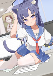 1boy 1girl absurdres alternate_costume alternate_hairstyle animal_ear_fluff animal_ears blue_archive blue_sailor_collar blue_skirt blush cat_ears cat_girl cat_tail closed_mouth doodle_sensei_(blue_archive) highres hoshi_kitsune long_hair looking_at_viewer neckerchief ponytail red_neckerchief sailor_collar sensei_(blue_archive) shirt short_sleeves sidelocks skirt smile tail thighhighs white_shirt white_thighhighs yuuka_(blue_archive) zettai_ryouiki