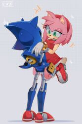 1boy 1girl 9lsky0 absurdres amy_rose animal_ears armor artist_name black_sclera blue_armor bracelet carrying carrying_person colored_sclera dress furry furry_female gloves gold_bracelet green_eyes grid_background hands_on_another&#039;s_shoulders headband hedgehog_girl highres jewelry joints long_eyelashes metal_sonic pink_fur pink_hair pointy_nose red_dress red_headband red_shoes robot robot_joints shoes smirk snout sonic_(series) spanish_commentary spikes uneven_eyes white_gloves