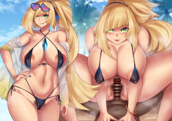 Rule 34 | 1boy, 1girl, absurdres, areola slip, armpit crease, bar censor, bare shoulders, bikini, black bikini, blonde hair, blue-tinted eyewear, blue gemstone, blue nails, bracelet, breasts, censored, cleavage, collarbone, commentary request, covered erect nipples, cowboy shot, criss-cross halter, curvy, dark-skinned male, dark skin, diagonal bangs, eyewear on head, female pubic hair, gem, girl on top, gluteal fold, gold bracelet, green eyes, groin, halterneck, hand on own hip, hands on another&#039;s chest, heart, heart censor, hetero, highres, huge breasts, jewelry, licking lips, long hair, looking at viewer, lusamine (pokemon), multicolor-tinted eyewear, multiple views, navel, nintendo, open clothes, open shirt, outdoors, palm tree, parted lips, partially visible vulva, penis, pink-tinted eyewear, pokemon, pokemon sm, precum, pubic hair, see-through clothes, see-through shirt, shirt, side-tie bikini bottom, sky, smile, spread legs, straddling, sunglasses, sweat, swimsuit, tinted eyewear, tongue, tongue out, tree, very sweaty, white shirt, yasuaki ex