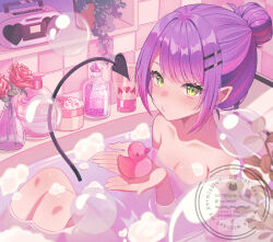 1girl alternate_hairstyle bathroom bathtub blush breasts cleavage closed_mouth commentary completely_nude demon_girl demon_tail dot_nose flower from_above from_side green_eyes hair_bun hair_ornament hairclip hands_up hashtag-only_commentary highres hololive indoors knees_up looking_at_viewer looking_to_the_side nametakeko nude open_hands partially_submerged piercing_hole plant pointy_ears potted_plant puckered_lips purple_hair rose rubber_duck sidelocks single_hair_bun sitting soap_bubbles solo swept_bangs tail tile_wall tiles tokoyami_towa virtual_youtuber watermark
