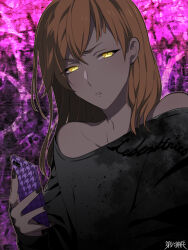1boy abstract_background androgynous bare_shoulders black_nails black_shirt brown_hair cellphone collarbone copyright_name cut_bangs dairoku_ryouhei dark_skin furrowed_brow hair_between_eyes holding holding_phone houndstooth l_(matador) leap_trieb light_blush long_hair long_sleeves looking_at_viewer male_focus nail_polish off_shoulder parted_lips phone pink_background scowl shirt sleeves_past_wrists smartphone solo upper_body very_dark_skin yellow_eyes