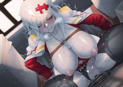1girl bar_censor blush breasts breasts_out censored chaps chest_strap cleavage closed_eyes clothing_cutout coat coat_on_shoulders cropped_jacket desk dog_tags giyouza goddess_of_victory:_nikke grey_hair hair_between_eyes hair_ornament hairclip highres jacket large_breasts leotard long_hair looking_at_viewer messy_hair navel_cutout nipples one_eye_closed penis pussy red_jacket sex sharp_teeth shiny_skin skindentation spread_legs sweat teeth vaginal white_coat yulha_(nikke)