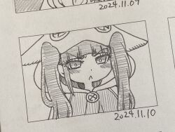1girl 2024 :&lt; bleach blush chibi dated dokugamine_riruka embarrassed fingernails hanya_(hanya_yashiki) hood hoodie long_hair looking_at_viewer monochrome photo_(medium) simple_background solo traditional_media tsundere twintails very_long_hair white_background