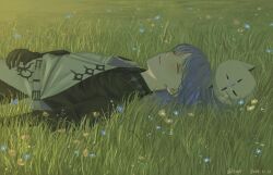 1boy belt black_gloves black_shirt blue_hair closed_eyes closed_mouth collared_shirt gloves grass highres hoshirube_sho j14o7 long_hair lying male_focus multicolored_hair nijisanji on_back on_grass otomo_(hoshirube_sho) outdoors purple_hair shirt simple_flower sleeping solo streaked_hair two-tone_hair upper_body virtual_youtuber white_belt