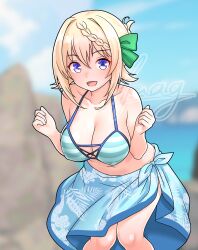 1girl absurdres bikini blonde_hair blue_sky blurry blurry_background braid braided_bangs braided_bun breasts cloud commentary_request covered_erect_nipples cross-laced_bikini cross-laced_clothes day feet_out_of_frame furaggu_(frag_0416) green_bikini green_sarong hair_bun highres kantai_collection knees_together_feet_apart large_breasts looking_at_viewer outdoors perth_(kancolle) perth_(swimsuit)_(kancolle) purple_eyes sarong short_hair sky solo striped_bikini striped_clothes swimsuit w_arms watermark