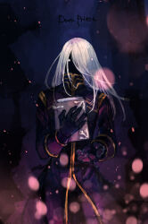 1boy black_coat black_gloves black_skin book character_name coat colored_skin commentary_request cowboy_shot dark_priest_(ragnarok_online) gloves gold_trim hair_over_one_eye highres holding holding_book long_hair looking_at_viewer male_focus ragnarok_online ragnarok_origin solo tokio_(okt0w0) white_eyes white_hair