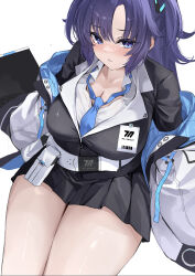 1girl absurdres belt belt_pouch black_skirt black_suit blue_archive blue_eyes blue_necktie blush breasts cleavage collarbone collared_shirt commentary formal_clothes from_above hair_between_eyes highres id_card jacket large_breasts long_sleeves looking_at_viewer millennium_science_school_logo miniskirt necktie off_shoulder open_mouth parted_lips pleated_skirt pouch purple_hair shirt simple_background sitting skirt skirt_suit solo suit tablet_pc thighs tol10131 two-sided_fabric two-sided_jacket white_background white_belt white_jacket white_shirt wing_collar yuuka_(blue_archive)