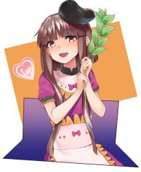 1girl 1up apron asuzemu bad_id bad_twitter_id blunt_bangs bow brown_eyes brown_hair commentary_request dress female_focus hat heart holding holding_plant looking_at_viewer nishida_satono open_mouth plant puffy_short_sleeves puffy_sleeves purple_bow purple_dress short_hair short_hair_with_long_locks short_sleeves sidelocks smile solo touhou white_background
