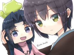 Rule 34 | 2girls, arm up, artist name, asakura ryoko, balloon, blue eyes, blue hair, brown cardigan, cardigan, chibi, closed mouth, green eyes, highres, holding detached head, kimidori-san, kita high school uniform, looking at viewer, medium hair, multiple girls, nagato yuki, open mouth, pink sweater, purple hair, school uniform, short hair, simple background, soten bluesky, suzumiya haruhi-chan no yuuutsu, suzumiya haruhi no yuuutsu, sweater, watermark, white background, winter uniform