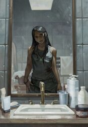 Rule 34 | 1girl, absurdres, bar soap, bathroom, bead necklace, beads, black eyes, black hair, bronzer, ceiling light, cup, dark-skinned female, dark skin, denim, faucet, green pendant, grey tank top, hair conditioner, hair over shoulder, hands on own legs, head tilt, highres, jeans, jewelry, long hair, looking at self, lotion, makeup, mirror, necklace, open mouth, original, pants, reflection, reflection focus, silverheather, sink, solo, tank top, tile wall, tiles, toothbrush, toothpaste, towel, twisted torso, upper body