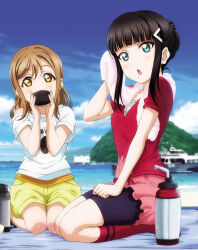 2girls aqua_eyes artbook black_hair blue_sky blunt_bangs blush bottle brown_hair cloud day eating food hair_bun hair_ornament highres holding kneehighs kunikida_hanamaru kurosawa_dia long_hair looking_at_viewer love_live! love_live!_sunshine!! mole mole_under_mouth multiple_girls non-web_source ocean off-shoulder_shirt off_shoulder official_art open_mouth outdoors print_shirt red_shirt seiza shirt short_shorts short_sleeves shorts sidelocks single_hair_bun sitting sky socks thermos towel water water_bottle white_shirt yellow_eyes