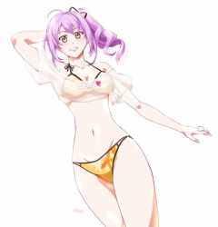 Rule 34 | 1girl, ahoge, arm behind head, bikini, breasts, grin, kugayama rion, long hair, looking at viewer, navel, pink hair, ponytail, sidelocks, simple background, small breasts, smile, solo, swimsuit, tokyo xanadu, upper body, wavy hair, white background, xiacheng tatsuya, yellow eyes
