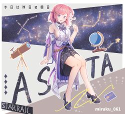 1girl absurdres asta_(honkai:_star_rail) black_bow black_bowtie black_choker black_shoes black_skirt blue_eyes bow bowtie braid breasts bright_pupils character_name chinese_text choker commentary copyright_name detached_sleeves english_commentary globe hair_ornament hairpin hand_up high_heels highres honkai:_star_rail honkai_(series) id_card invisible_chair lanyard medium_breasts medium_hair milk_(jhwk4885) open_mouth pink_hair pleated_skirt pumps shirt shoes sideboob sitting skirt smile solo telescope twitter_username white_pupils white_shirt
