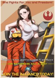 1girl black_eyes black_gloves breasts brown_hair cleavage eyeliner flight_suit gloves highres insignia jumpsuit long_hair makeup medium_breasts orange_jumpsuit pilot poster_(medium) propaganda rebel_alliance_(star_wars) shiny_skin star_wars tank_top white_tank_top x-wing zxpfer