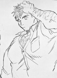 Rule 34 | 1boy, :/, bara, bursting pectorals, chest hair peek, collared shirt, dickfish (fishismdick), half-closed eyes, hand in own hair, highres, john rottweil (dickfish), large pectorals, looking down, male focus, mature male, muscular, muscular male, original, pectoral cleavage, pectorals, shirt, sideways mouth, sketch, solo, thick eyebrows, unkempt, upper body