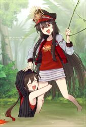 1boy 1girl :d anger_vein armpits barefoot black_hat blurry blurry_background blush brother_and_sister brown_hair bush buster_shirt center-flap_bangs closed_eyes collarbone crest family_crest fate/grand_order fate_(series) fern fiery_hair full_body hair_between_eyes hand_on_another&#039;s_head hat highres hood hood_up hoodie horizontal-striped_skirt hugging_another&#039;s_leg inset_border jacket jungle letterman_jacket light_particles long_hair long_sleeves looking_at_another low_ponytail nature o-ring oda_nobukatsu_(fate) oda_nobunaga_(fate) oda_nobunaga_(swimsuit_berserker)_(fate) oda_uri official_alternate_costume open_mouth outdoors palm_tree partially_submerged peaked_cap plant ponytail raised_eyebrows red_eyes red_shirt shaded_face shirt siblings sidelocks skirt sleeveless sleeveless_hoodie sleeveless_shirt smile star_(symbol) striped_clothes striped_hood striped_hoodie striped_skirt sweatdrop t-shirt teramoto_kei tree v-shaped_eyebrows very_long_hair vines wading wetland white_skirt