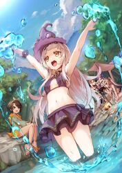 5girls :d absurdres arms_up bamboo bikini black_bikini black_hair blue_bikini blue_flower blue_jacket blue_ribbon blue_sky blush breasts brown_eyes campfire cleavage cloud commentary_request cooking day feet fire flower green_eyes grey_hair grill grilling hair_ribbon hat highres holding holding_plate hololive hood hood_down hooded_jacket horns jacket large_breasts leaning_forward long_hair long_sleeves low_twintails minato_aqua mountain multiple_girls murasaki_shion nakiri_ayame oni oozora_subaru open_clothes open_jacket open_mouth outdoors pink_hair plate ponytail puffy_long_sleeves puffy_sleeves purple_hat red_eyes ribbon river sandals sky small_breasts smile standing striped_bikini striped_clothes sue_(bg-bros) swimsuit toes twintails very_long_hair virtual_youtuber wading water white_sandals witch_hat wrist_flower yuzuki_choco