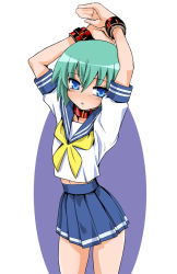 00s 1girl arms_up bdsm blue_eyes blush collar ez6 female_focus flat_chest green_hair iwasaki_minami lucky_star pleated_skirt school_uniform serafuku short_hair simple_background skirt slave solo wrist_cuffs