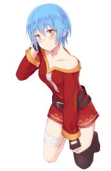 Rule 34 | 10s, 1girl, absurdres, asymmetrical legwear, belt, black belt, black gloves, black thighhighs, blue hair, blush, collarbone, comic girls, cosplay, dress, ero mang-a, female focus, fingerless gloves, gloves, highres, katsuki tsubasa, kneeling, kono subarashii sekai ni shukufuku wo!, long sleeves, looking at viewer, manga time kirara, megumin, megumin (cosplay), red dress, short dress, short hair, simple background, single thighhigh, solo, thighhighs, uneven legwear, voice actor connection, white background, yellow eyes