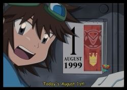 Rule 34 | 1boy, calendar, digimon, goggles, goggles on head, highres, kudou taiki, male focus, meme, solo, teeth