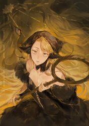 1girl black_dress black_scarf blonde_hair breasts cleavage commentary dress dungeon_meshi fur_dress green_eyes headscarf highres holding holding_staff lion looking_at_viewer marcille_donato marcille_donato_(lord) off-shoulder_dress off_shoulder raised_eyebrows scarf snout staff winged_lion_(dungeon_meshi) yayaziiii yellow_theme
