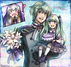 ! 1boy 2girls :d :o artist_name blush bouquet male_byleth_(enlightened)_(fire_emblem) male_byleth_(fire_emblem) cake commentary dated dress english_commentary father_and_daughter fire_emblem fire_emblem:_three_houses flower food frilled_dress frills green_eyes green_hair hair_ribbon happy_birthday holding_person if_they_mated kari_avalon long_hair lysithea_von_ordelia lysithea_von_ordelia_(timeskip) mother_and_daughter multiple_girls nintendo open_mouth purple_dress purple_eyes ribbon sidelocks silver_hair smile twintails
