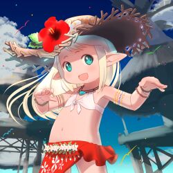 1girl aqua_eyes armpits bikini blonde_hair dancing final_fantasy final_fantasy_xiv flat_chest flower front-tie_bikini_top front-tie_top hat highres hut lalafell loli long_hair navel open_mouth red_sarong sarong shelldy solo stomach straw_hat swimsuit
