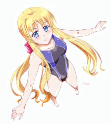 Rule 34 | 1girl, ahoge, artist name, blonde hair, blue eyes, bow, breasts, competition swimsuit, covered navel, eiyuu densetsu, floating hair, full body, hair bow, long hair, long sidelocks, looking at viewer, one-piece swimsuit, sidelocks, simple background, small breasts, smile, solo, sora no kiseki, swimsuit, tita russell, two-tone swimsuit, white background, xiacheng tatsuya