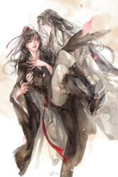 2boys ahoge bishounen black_boots black_hair black_hanfu boots carrying chinese_clothes closed_mouth couple falling_petals faux_traditional_media grey_eyes hair_ribbon hanfu headband high_ponytail ink_wash_painting kcllzas163 lan_wangji light_particles long_hair long_sleeves looking_at_another male_focus modao_zushi multiple_boys open_mouth pants petals pink_petals ponytail princess_carry red_ribbon red_sash ribbon robe sash shoe_soles smile standing third-party_source watermark wei_wuxian weibo_watermark white_hanfu white_headband white_pants wide_sleeves yaoi