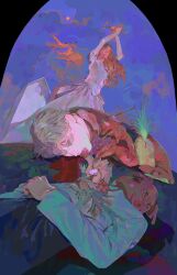 1boy 1girl axe backyard blood blue_sky bride cloud cloudy_sky decapitation food highres holding holding_axe house implied_decapitation looking_at_viewer mgong520 moon original pig pig_head sky swinging_weapon