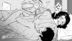 amamiya_ren artist_name bed covering_own_mouth cum cumming_in_pussy english_text greyscale kawakami_sadayo licking_nipple mature_female monochrome nankodoujin nipple_stimulation nude okumura_haru persona persona_5 pillow sex speech_bubble stealth_sex twitter_username under_covers vaginal