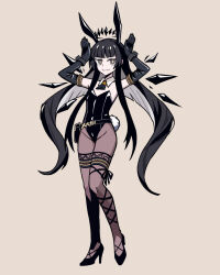 1girl animal_ears arknights ascot black_ascot black_eyes black_gloves black_hair black_halo black_leotard black_pantyhose black_shoes blunt_bangs chinese_commentary colored_inner_hair commentary_request detached_collar detached_wings elbow_gloves energy_wings fake_animal_ears full_body gloves halo hands_up high_heels highleg highleg_leotard highres hydrogina leotard long_hair long_sidelocks looking_at_viewer multicolored_hair pantyhose parody playboy_bunny rabbit_ears rabbit_pose rabbit_tail ringed_eyes shoes sidelocks solo style_parody tail twintails vanripper_(style) virtuosa_(arknights) white_hair wings yellow_background