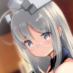 ahoge close-up detached_collar dixie_cup_hat glasses grey_eyes grey_hair hat headgear heywood_l._edwards_(kancolle) highres himura_moritaka kantai_collection long_hair looking_at_viewer military_hat upper_body