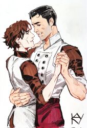 2boys arcane:_league_of_legends arcane_jayce arm_around_waist arm_up belt black_belt black_hair brown_eyes brown_hair brown_shirt buttons collared_shirt commentary couple cowboy_shot eye_contact hashtag-only_commentary highres holding_hands jayce_(league_of_legends) kaysd999 layered_sleeves league_of_legends looking_at_another male_focus multiple_boys open_collar popped_collar shirt shirt_tucked_in short_hair sideburns signature simple_background smile teeth viktor_(arcane) viktor_(league_of_legends) wavy_hair white_background white_shirt yaoi