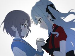 2girls bang_dream! bang_dream!_it&#039;s_mygo!!!!! blue_brooch blue_hair blue_jacket brown_eyes commentary grey_hair hashtag-only_commentary highres holding_hands interlocked_fingers jacket long_hair multiple_girls oblivionis_(bang_dream!) ora_(oraora_oekaki) red_shirt shirt short_hair sidelocks simple_background takamatsu_tomori togawa_sakiko upper_body white_background yellow_eyes