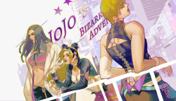 3girls absurdres alternate_costume bare_shoulders black_hair braid breasts cleavage cone_hair_bun double_bun dreadlocks ermes_costello fashion foo_fighters_(jojo) green_lips hair_bun highres jacket jojo_no_kimyou_na_bouken kuujou_jolyne long_hair midriff multicolored_hair multiple_girls qi_hui railing stone_ocean two-tone_hair white_jacket